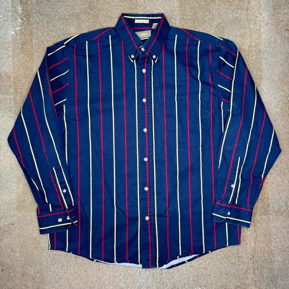 Natureal Issue Navy striped button-up with red and yellow vertical‎ stripes.